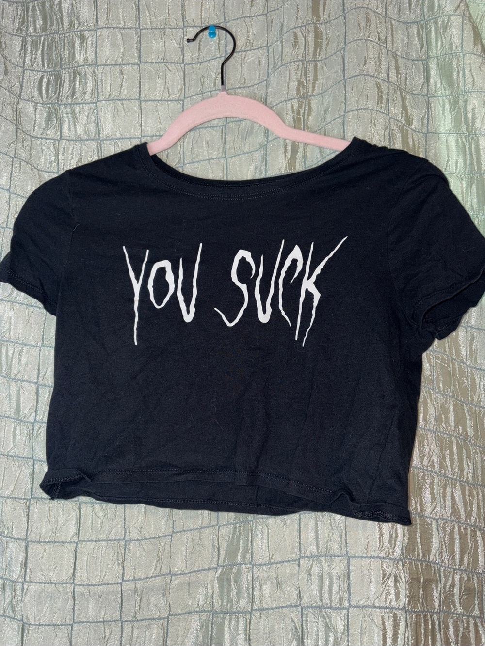 Black Graphic Crop Tee - 'You Suck' Short Sleeve Top